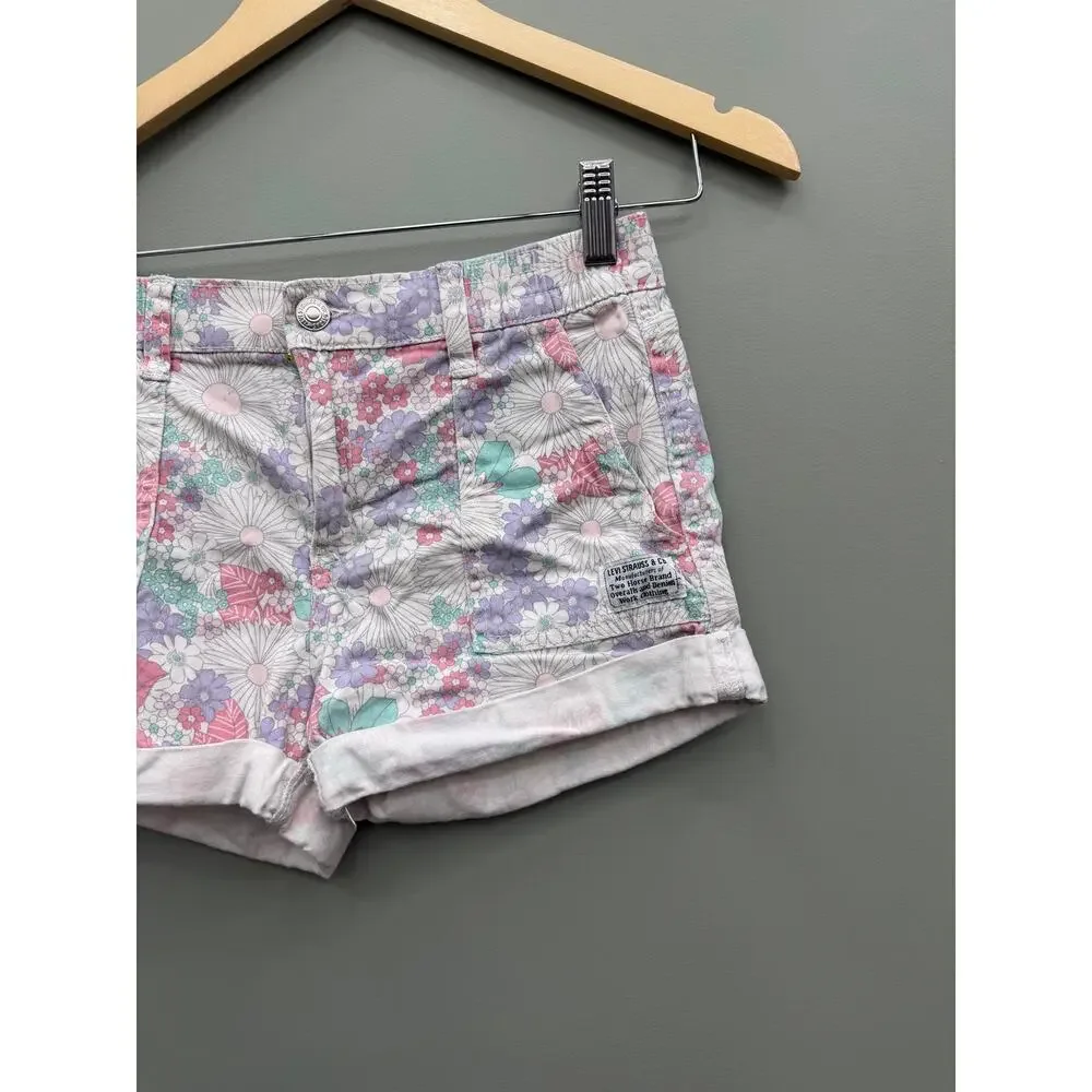 Levi's Girls Floral High Rise Shorts Size 12 Pastel Daisy Cuffed Summer